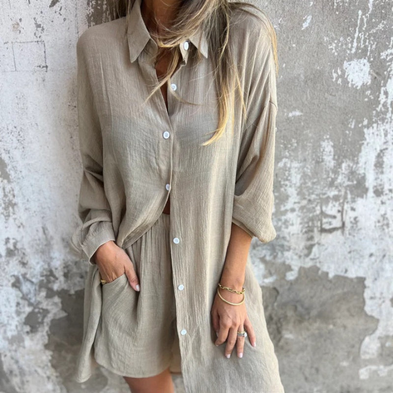 🌸Spring Specials💐 Women's Casual Long Sleeve Shirt & Shorts (2-Piece Set)