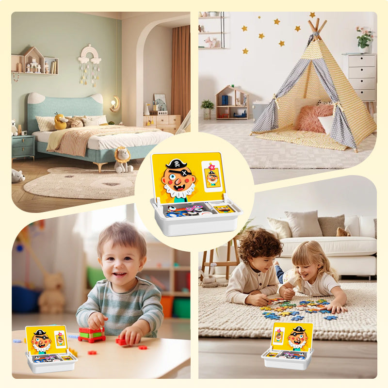 Magnetic puzzle box for children with game and drawing board