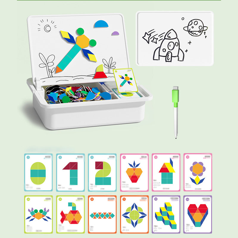 Magnetic puzzle box for children with game and drawing board