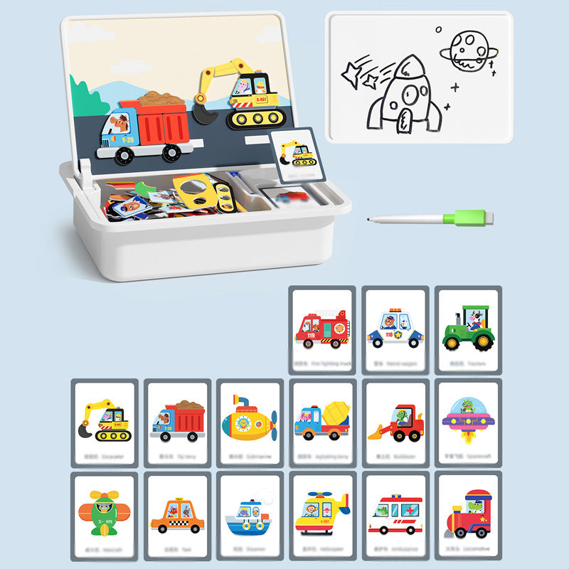 Magnetic puzzle box for children with game and drawing board