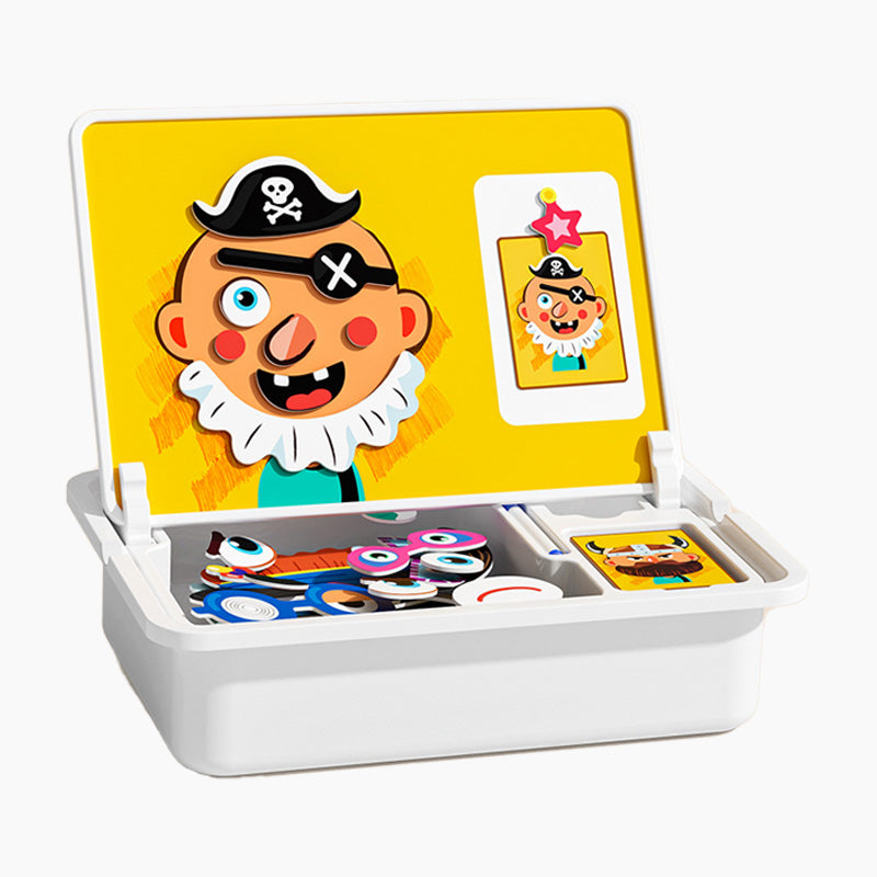 Magnetic puzzle box for children with game and drawing board