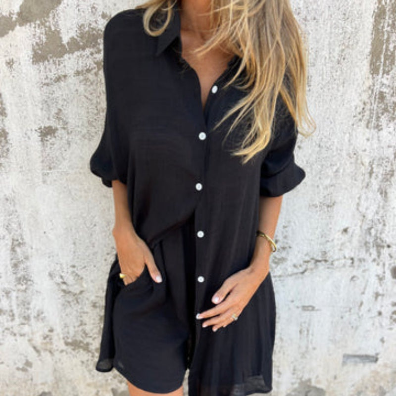 🌸Spring Specials💐 Women's Casual Long Sleeve Shirt & Shorts (2-Piece Set)