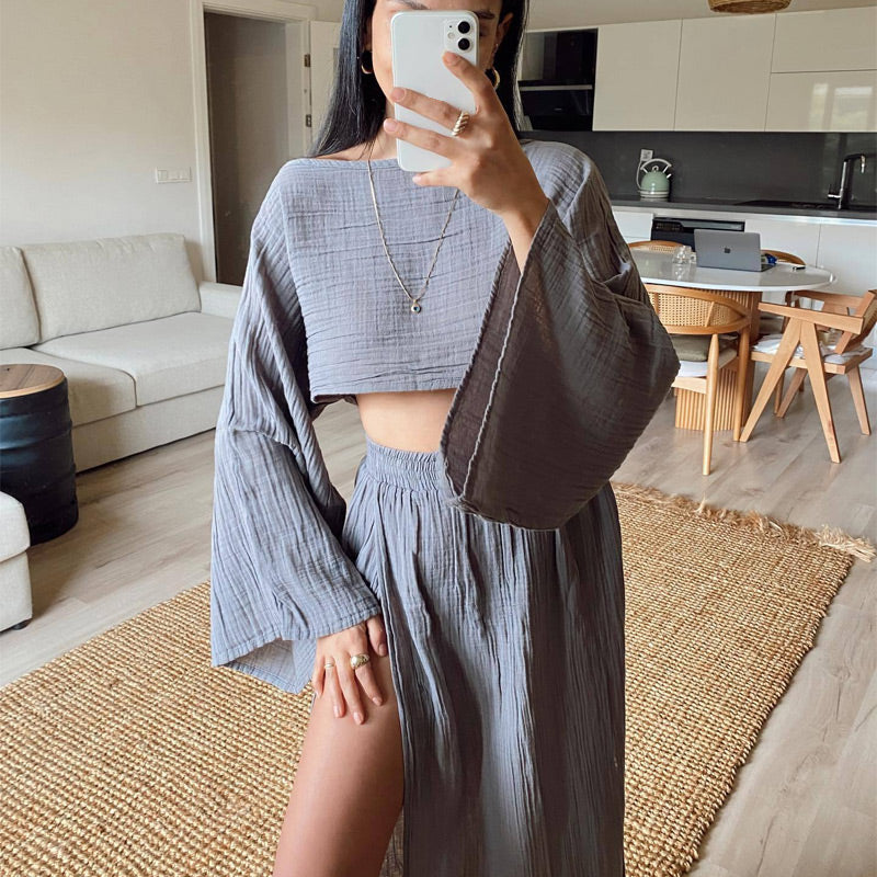 Women’s Casual Cotton Linen Side Slit Two-Piece Set