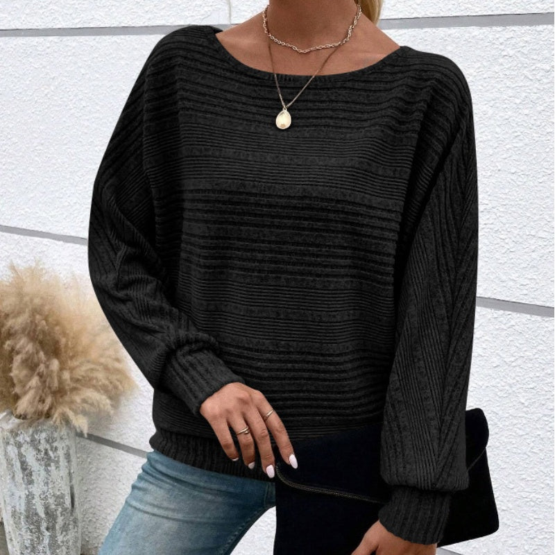 💗Solid Round-Neck Striped Top with Long Sleeves