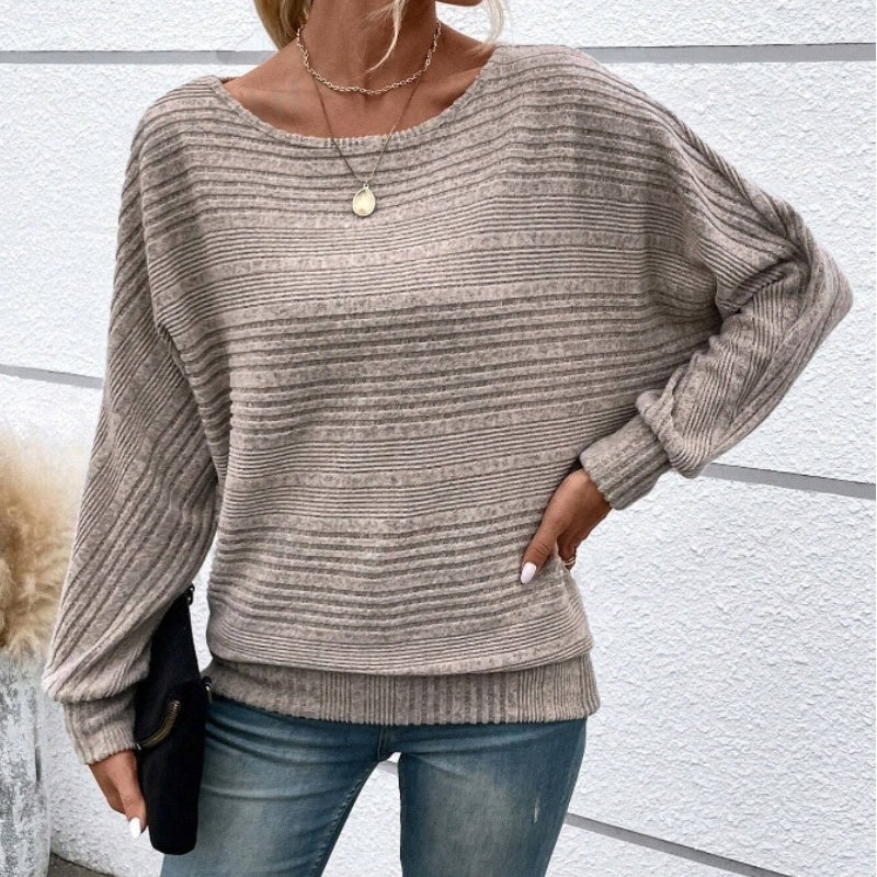 💗Solid Round-Neck Striped Top with Long Sleeves