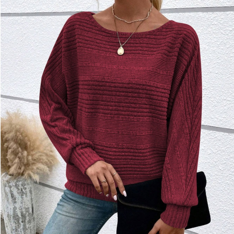 💗Solid Round-Neck Striped Top with Long Sleeves