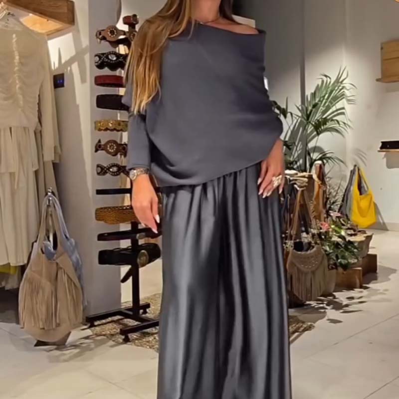 Elegant Off-the-Shoulder Top & Wide-Leg Pants Set