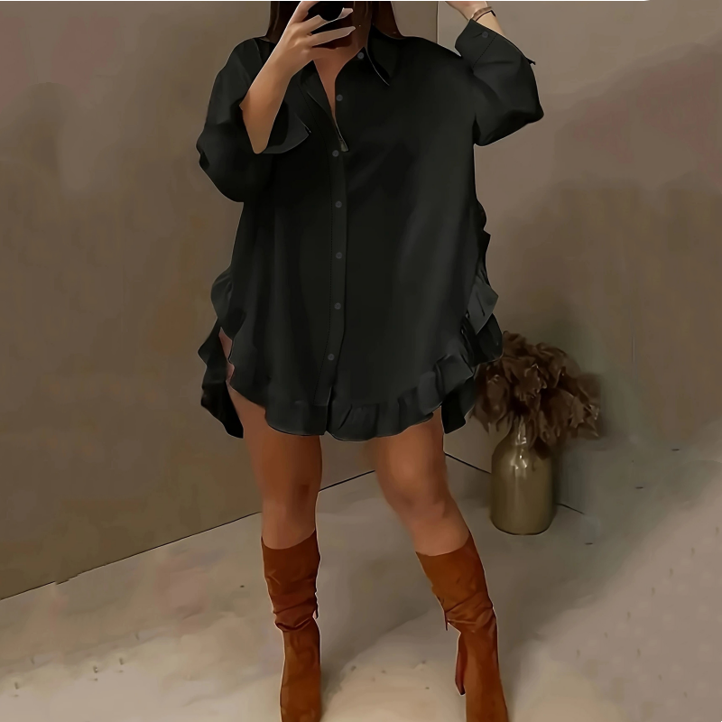 🔥Women's Oversized Button-Down Mini Dress with Ruffle Hem