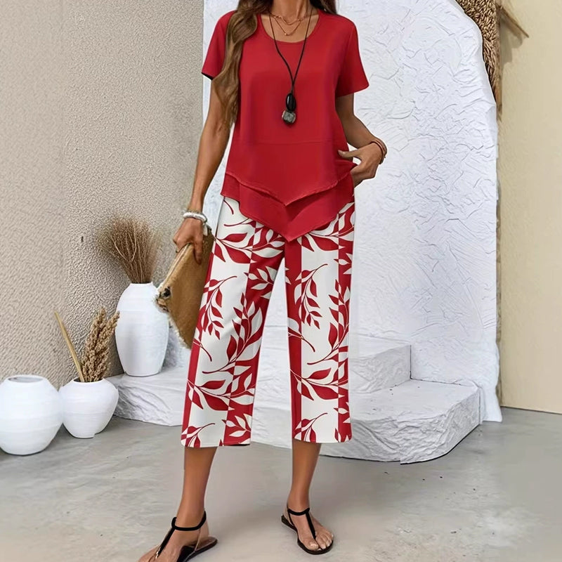 💥Last Day Special Price👗Women's 2-Piece Set – Layered Asymmetrical Tunic Top & Printed Wide Leg Pants, Breathable Polyester✨
