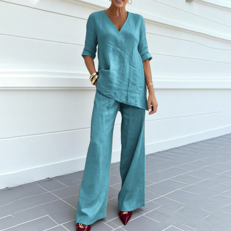 Breathable Linen Blend V-Neck Top and Pants Suit