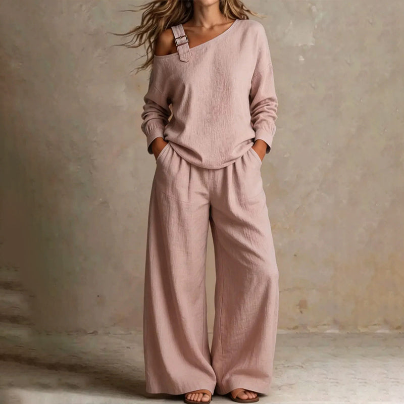 š„Bestsellerš„ Off-shoulder Wide-leg Two-piece Set, Made Of Soft Blended Fabric, Creating An Elegant Dilhouette.