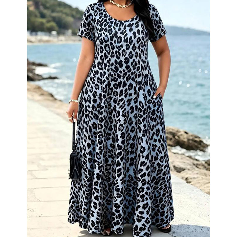 ⏳🔥LIMITED-TIME ! ⏰Women's Leopard Print Maxi Dress with Pockets Casual Short Sleeve Long Dress