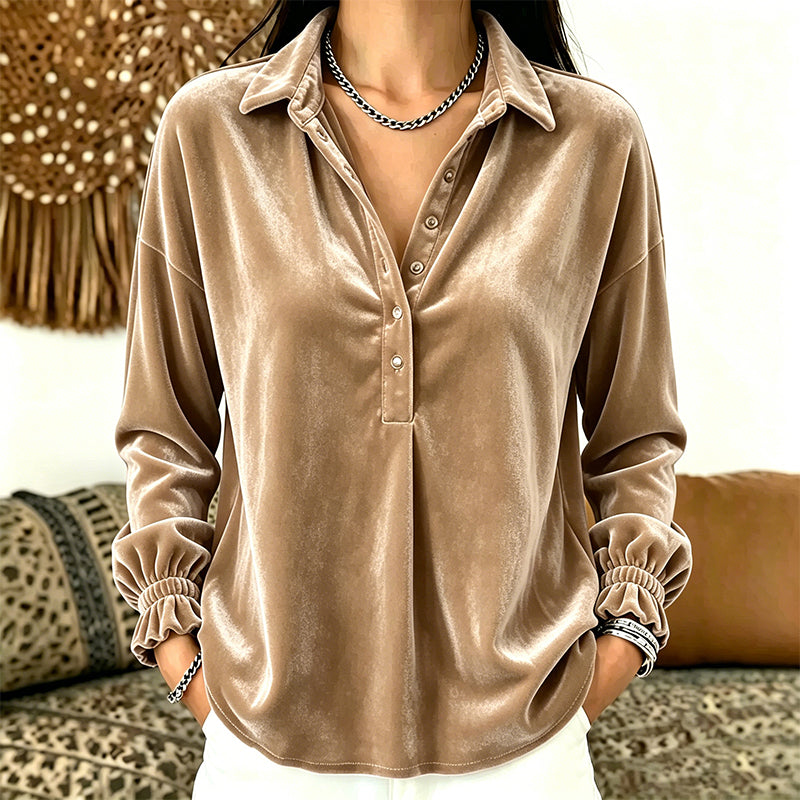 Women's Velvet Long Sleeve Button Down Collar Shirt