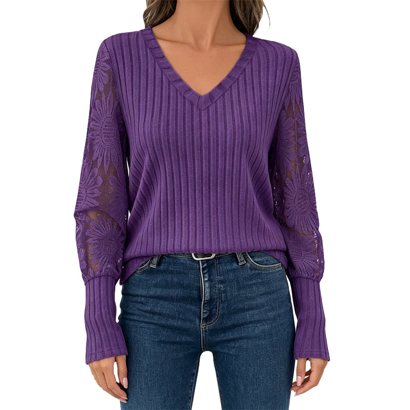 Women's Brushed Ribbed Long Sleeve Lace Patchwork Top