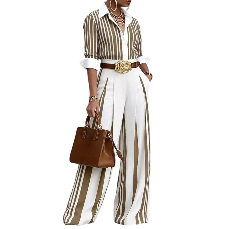 Women’s Casual Striped Shirt & Wide Leg Pants
