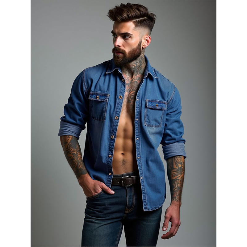 Men's Denim Long Sleeve Shirt Casual Button Down Cardigan