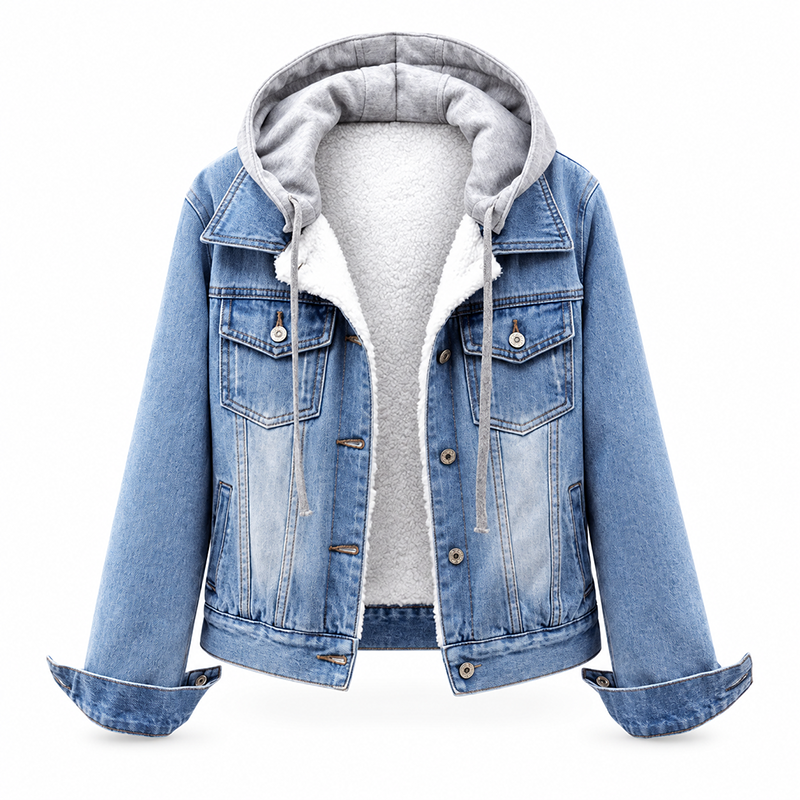 Women's Layered Hooded Denim Jacket with Warm Lining