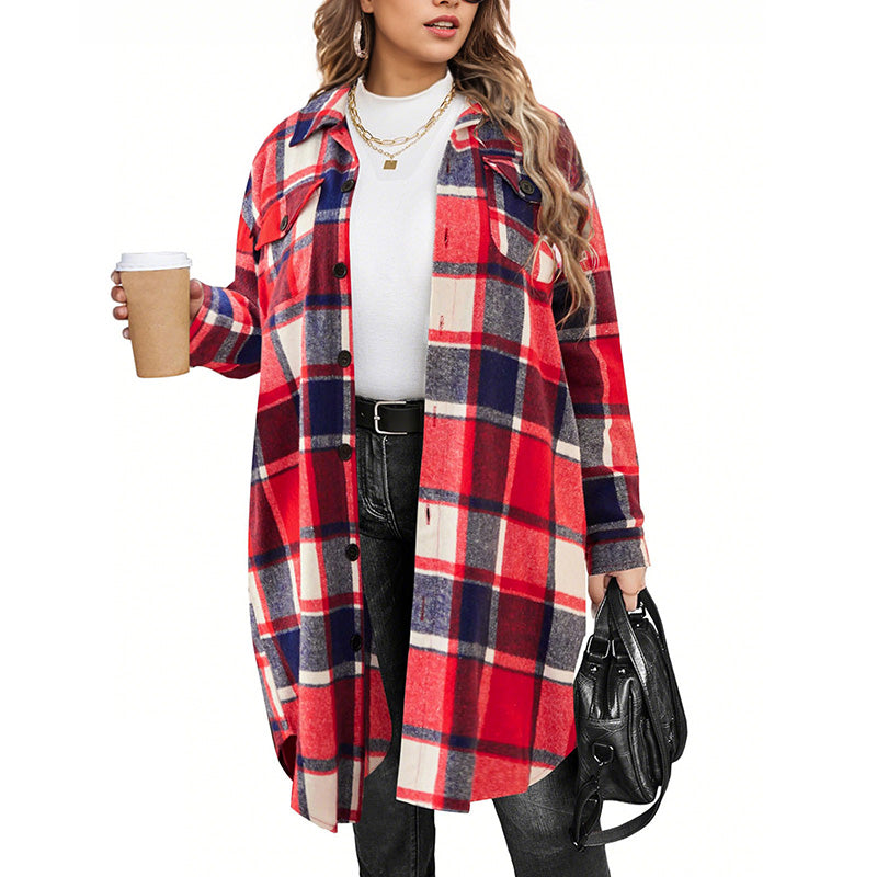 Women's Casual Long Plaid Button Down Shacket