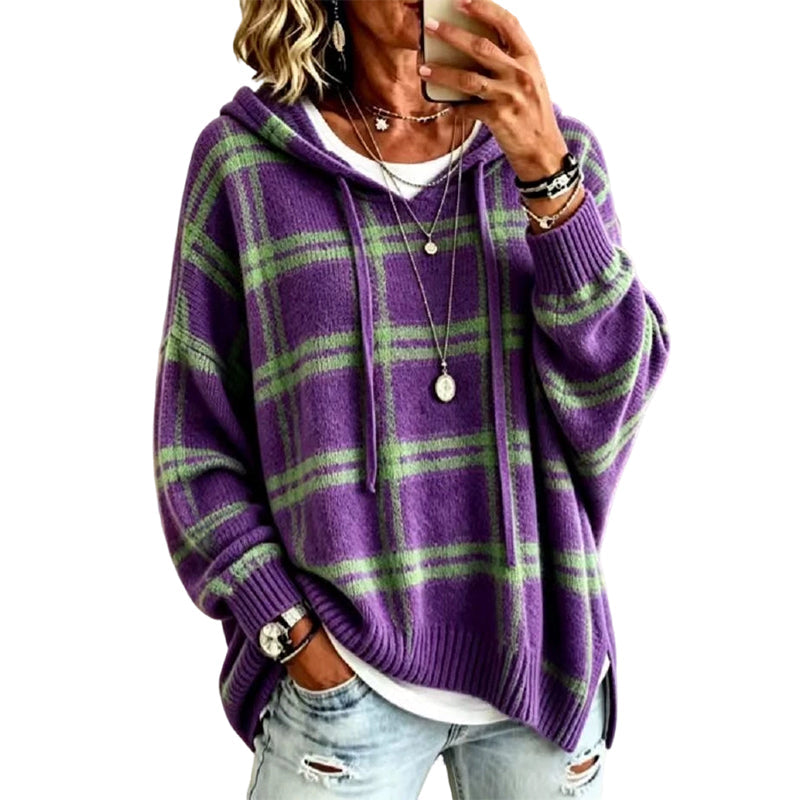 Women's Retro Plaid Hooded Knit Sweater