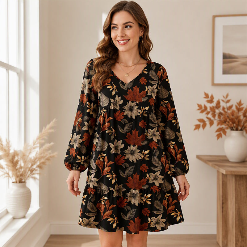 Women's Elegant Maple Leaf Print Dress