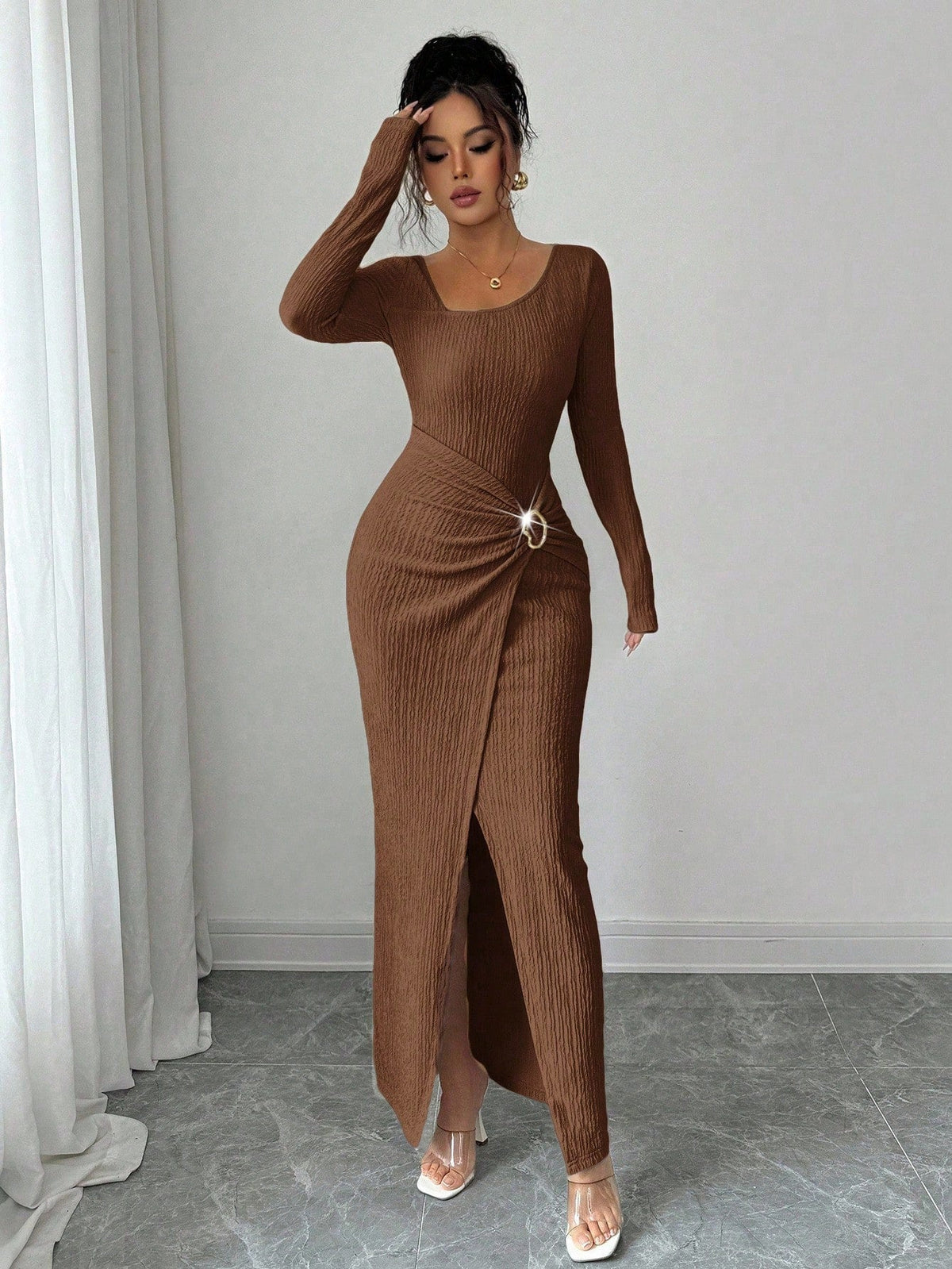 Women's Autumn Winter Solid Color Knit Texture Long Dress with Irregular Neckline
