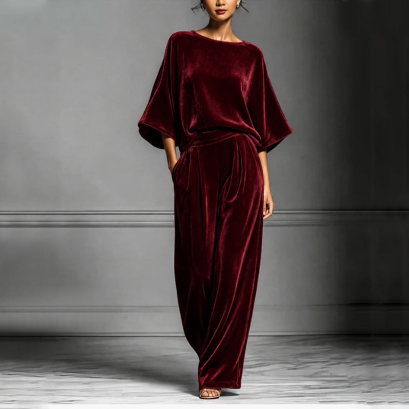 Women's Velvet Half Sleeve Top & Wide-Leg Pants Set