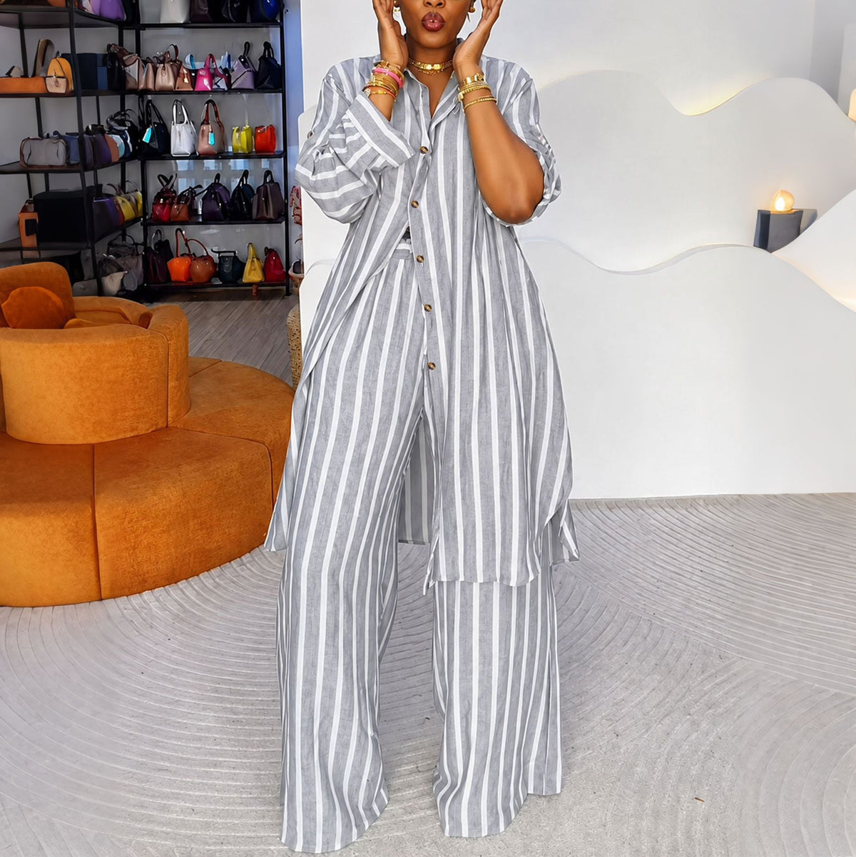 Women's Striped Longline Shirt & Wide-Leg Pants Set
