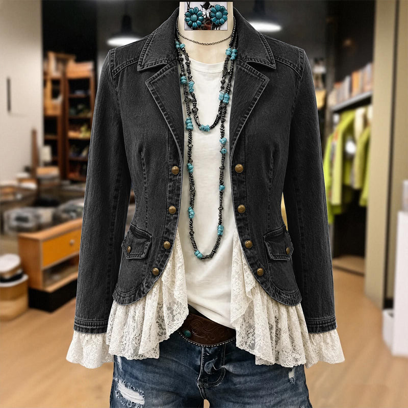 Women's Notch Lapel Denim Jacket with Lace Hem