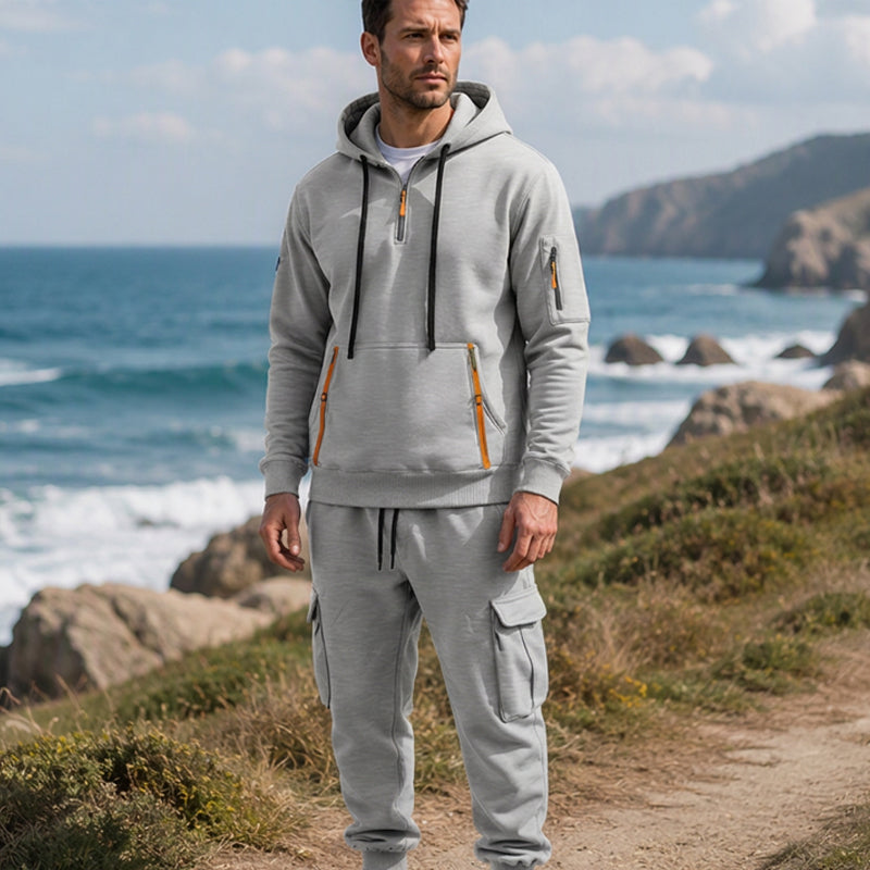 Men's Warm Half-Zip Hoodie & Cargo Pants Set