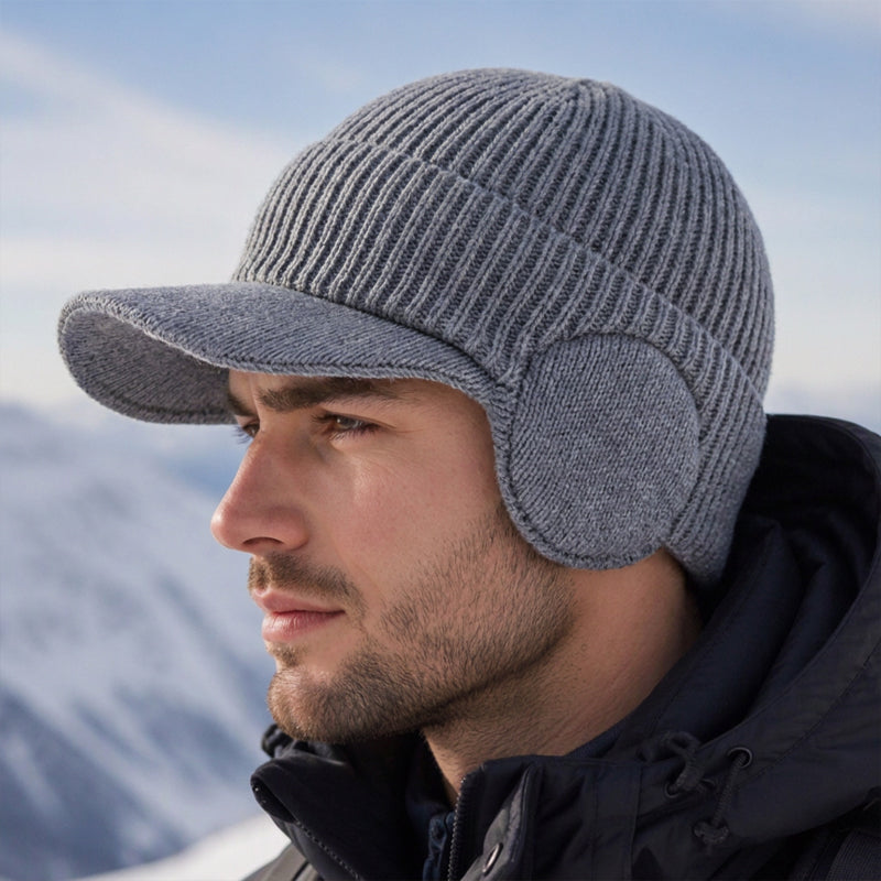 Men's Winter Knit Beanie Hat with Brim & Ear Flaps