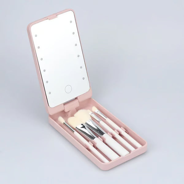 🔥 Big Sale 50% OFF🌈Travel Makeup Brush Set with LED Light Mirror