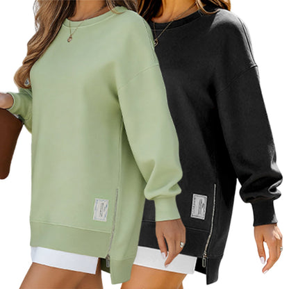 🔥 Long Sleeve Pullover Zipper Slit Casual Sweatshirt Dress