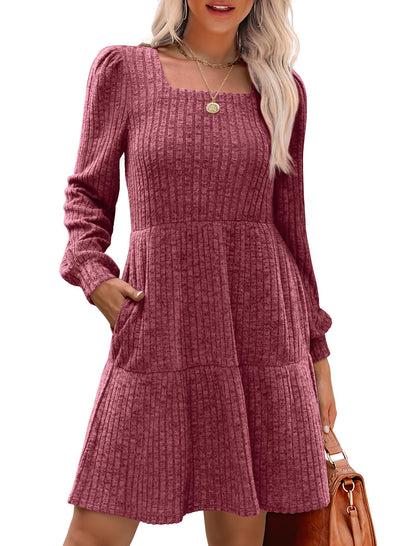 🍂2025 Autumn New Style⏰Women's Square Neck Lantern Sleeve Ribbed Dress
