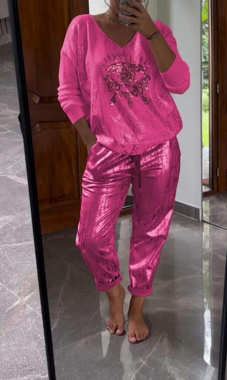 Women's 2 Piece Set: Devil's Eye Gold Foil Top and Sequin Pants Set