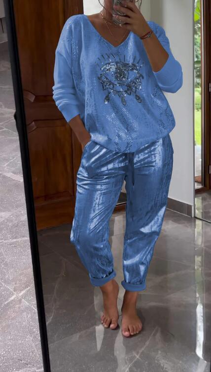 Women's 2 Piece Set: Devil's Eye Gold Foil Top and Sequin Pants Set