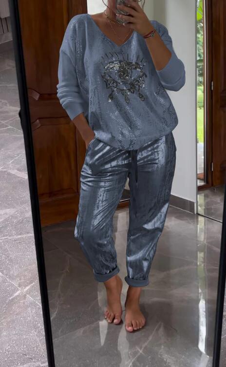 Women's 2 Piece Set: Devil's Eye Gold Foil Top and Sequin Pants Set