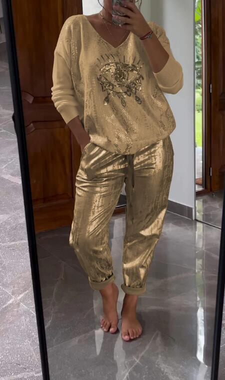 Women's 2 Piece Set: Devil's Eye Gold Foil Top and Sequin Pants Set