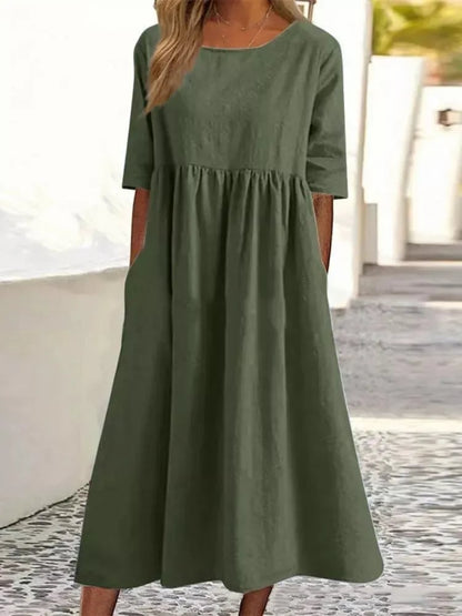 💝2025 NEW SALE💝Women's Casual Basic Outdoor Crew Neck Pocket Smocked Cotton Dress