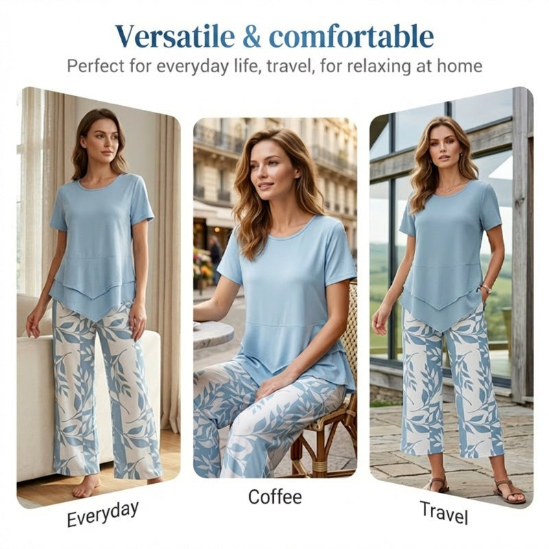 💥Last Day Special Price👗Women's 2-Piece Set – Layered Asymmetrical Tunic Top & Printed Wide Leg Pants, Breathable Polyester✨