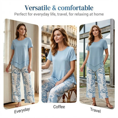 💥Last Day Special Price👗Women's 2-Piece Set – Layered Asymmetrical Tunic Top & Printed Wide Leg Pants, Breathable Polyester✨