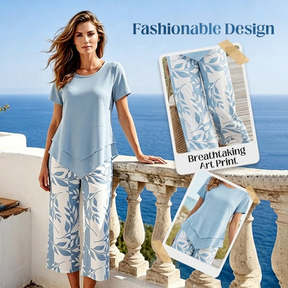 💥Last Day Special Price👗Women's 2-Piece Set – Layered Asymmetrical Tunic Top & Printed Wide Leg Pants, Breathable Polyester✨