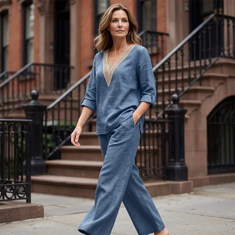 Women's V-Neck Top & Wide-Leg Pants