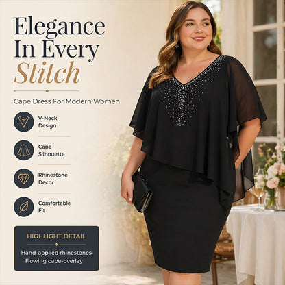 🌸2026 Summer Specials💐Rhinestone V-Neck Cape Dress with Chiffon Overlay