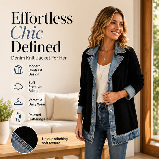 ⌛Limited-time offer-Women’s Elegant Denim Spliced Ribbed Knit Coat