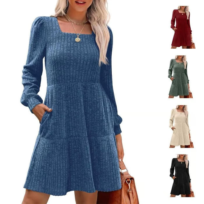 🍂2025 Autumn New Style⏰Women's Square Neck Lantern Sleeve Ribbed Dress