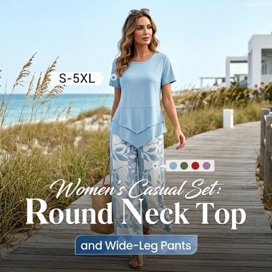 💥Last Day Special Price👗Women's 2-Piece Set – Layered Asymmetrical Tunic Top & Printed Wide Leg Pants, Breathable Polyester✨