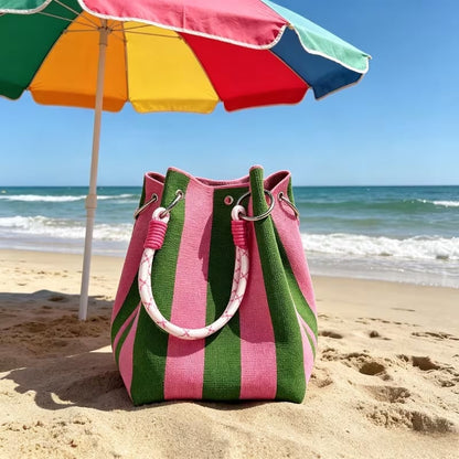 👜 Boho Striped Knit Bucket Handbag for Women – Handmade Summer Beach Shoulder Bag