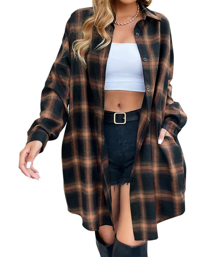 🔥2026 NEW SALES - 50% OFF🔥Women's Button Down Flannel Shirts Plaid Shacket Collared Long Jacket Coats