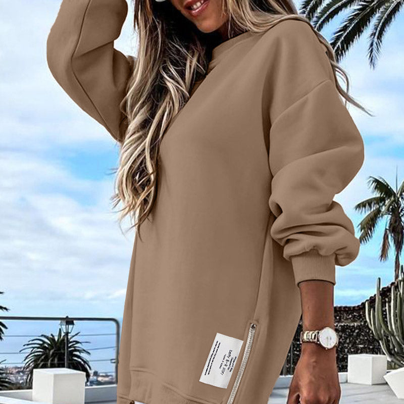 🔥 Long Sleeve Pullover Zipper Slit Casual Sweatshirt Dress