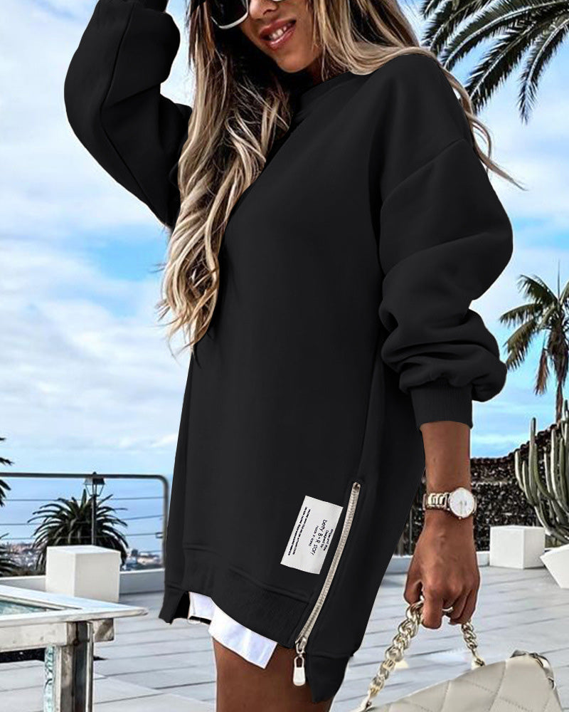 🔥 Long Sleeve Pullover Zipper Slit Casual Sweatshirt Dress